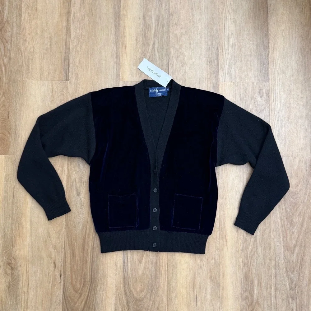Vintage Ralph Lauren Wool Velvet Cardigan Sweater Mens Medium Black Navy Blue